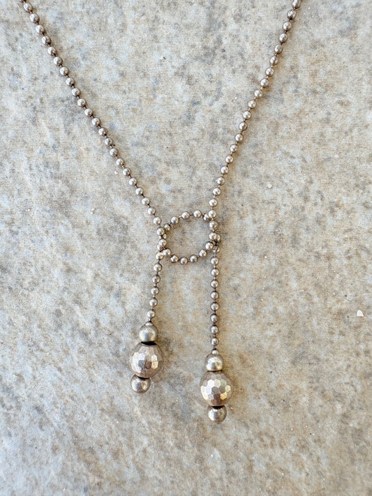 Sterling Silver Beaded Lariat Necklace – Faceted Drop Detail
