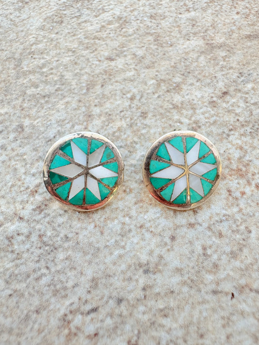Native American Sterling Silver Inlay Clip-On Earrings | Turquoise & Mother-of-Pearl