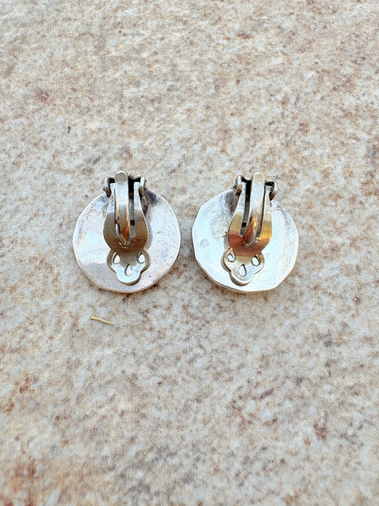 Native American Sterling Silver Inlay Clip-On Earrings | Turquoise & Mother-of-Pearl