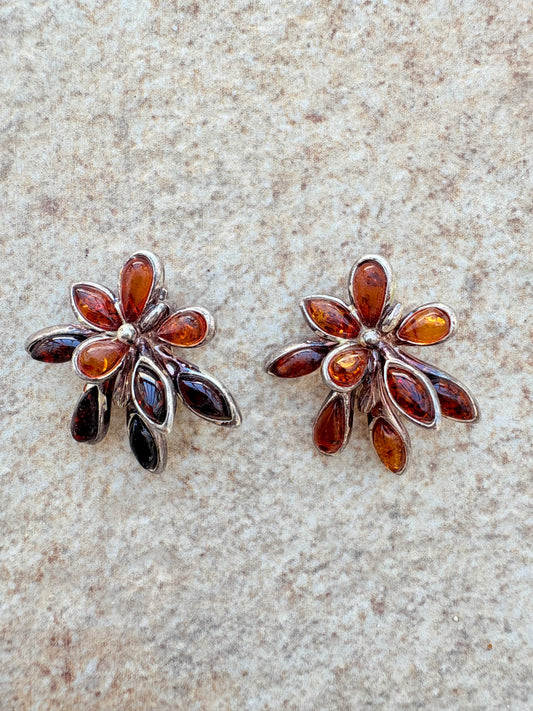 Vintage Sterling Silver Amber Floral Clip-On Earrings | Teardrop Petals