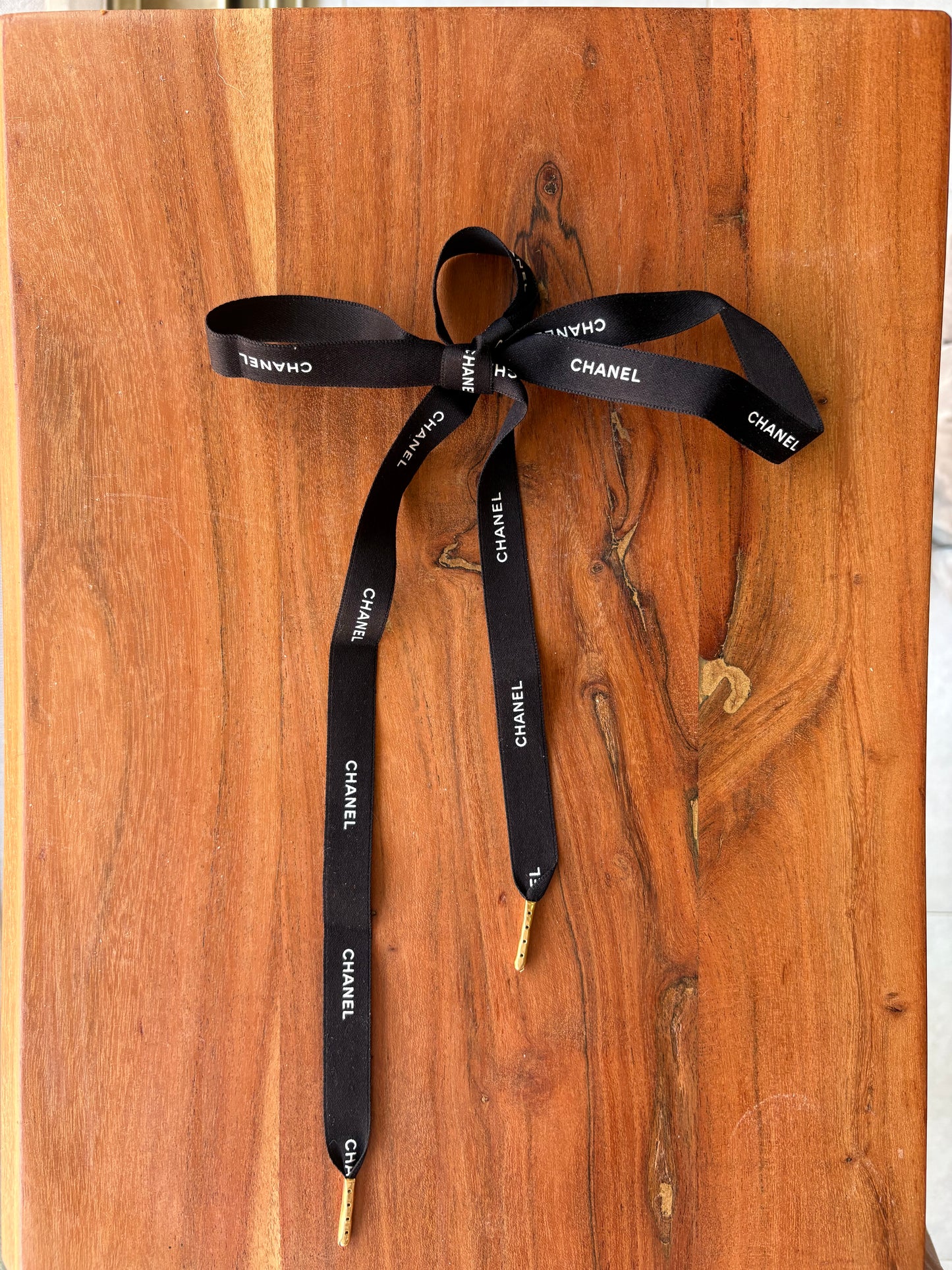 Authentic Black Chanel Ribbon with Metal Tips – Upcycled Luxury Shoelaces, Hoodie Strings, or Hair Ribbon