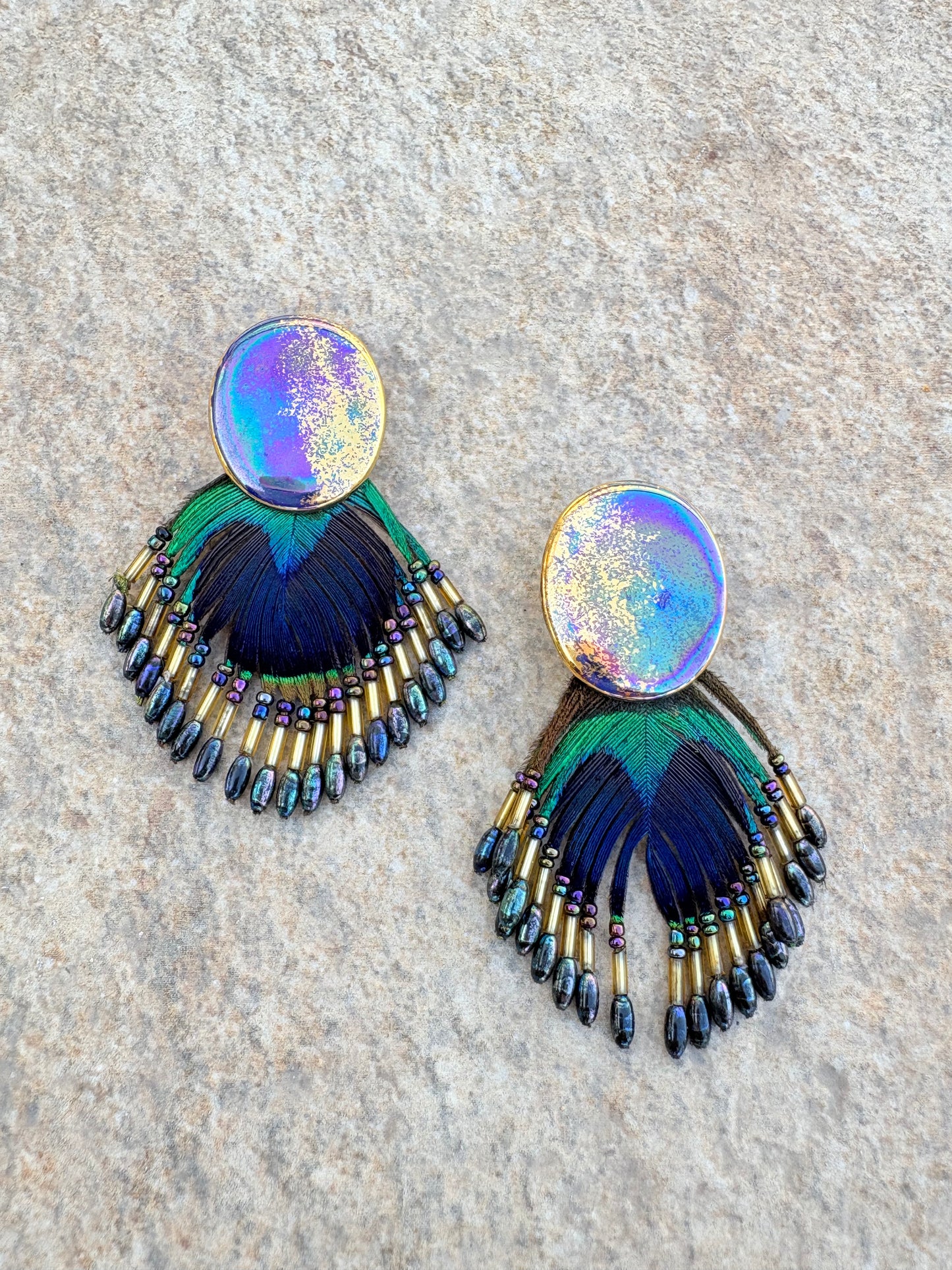 Handmade Peacock Feather Statement Earrings – Iridescent & Beaded Fringe