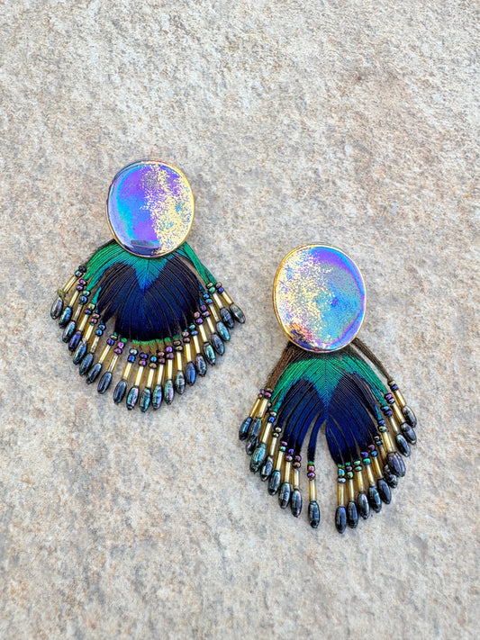 Handmade Peacock Feather Statement Earrings – Iridescent & Beaded Fringe