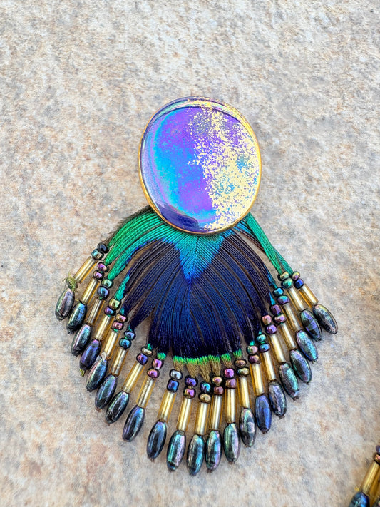 Handmade Peacock Feather Statement Earrings – Iridescent & Beaded Fringe