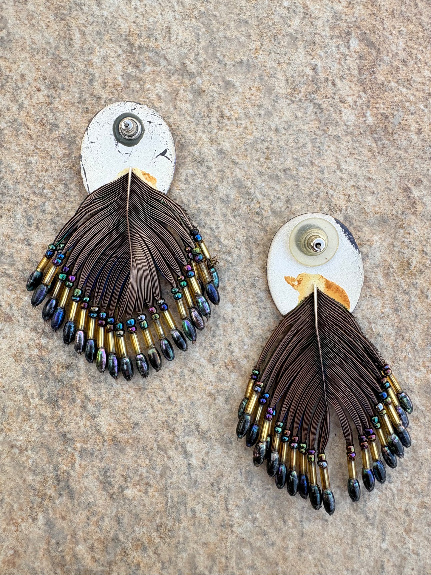 Handmade Peacock Feather Statement Earrings – Iridescent & Beaded Fringe