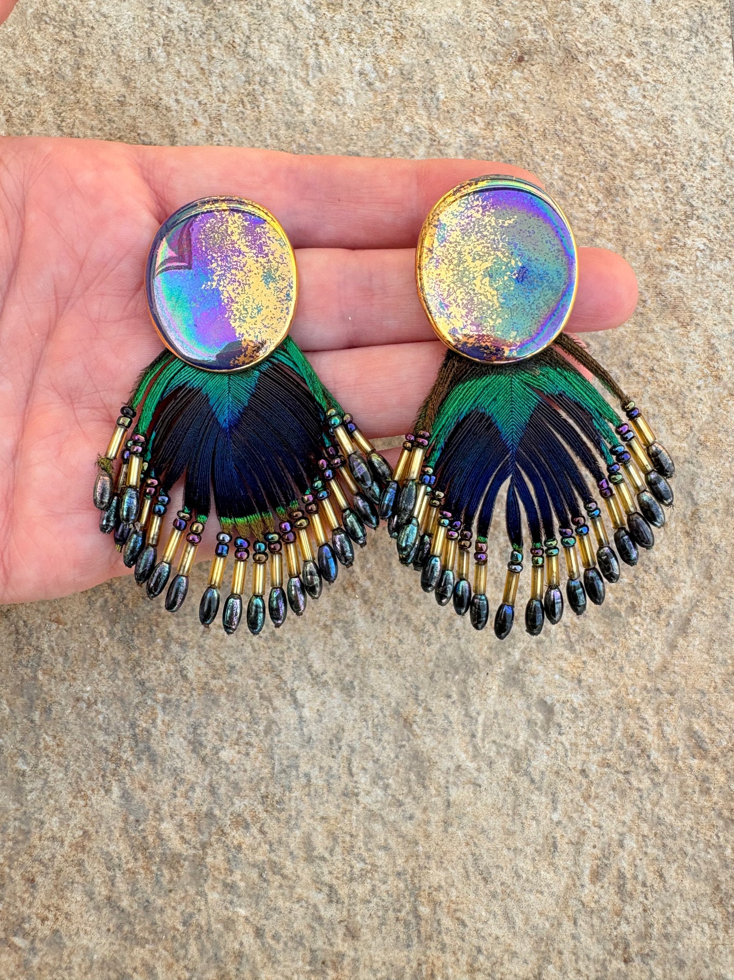 Handmade Peacock Feather Statement Earrings – Iridescent & Beaded Fringe