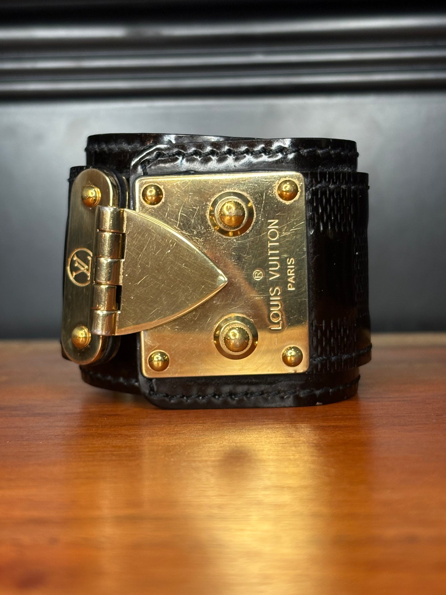 Vintage Y2K Louis Vuitton Patent Leather Damier & Gold-Tone Lock Bracelet