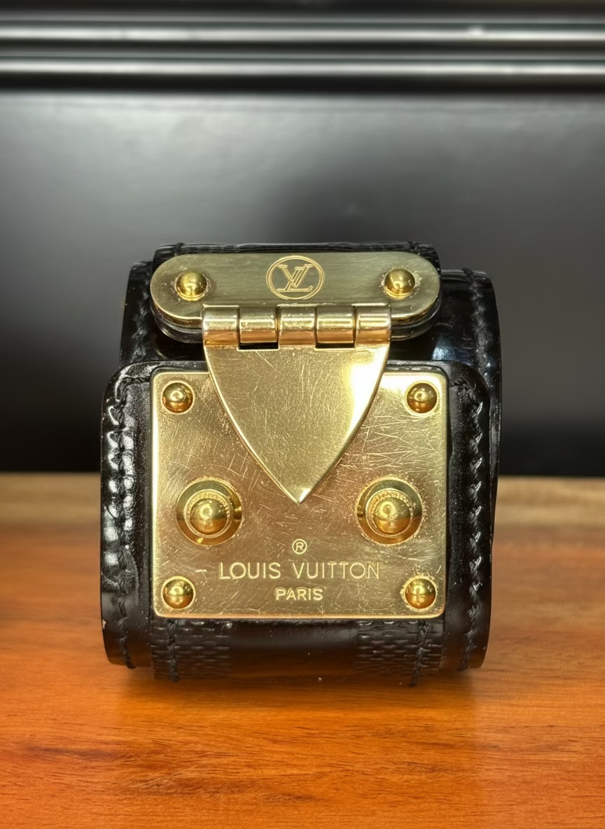 Vintage Y2K Louis Vuitton Patent Leather Damier & Gold-Tone Lock Bracelet