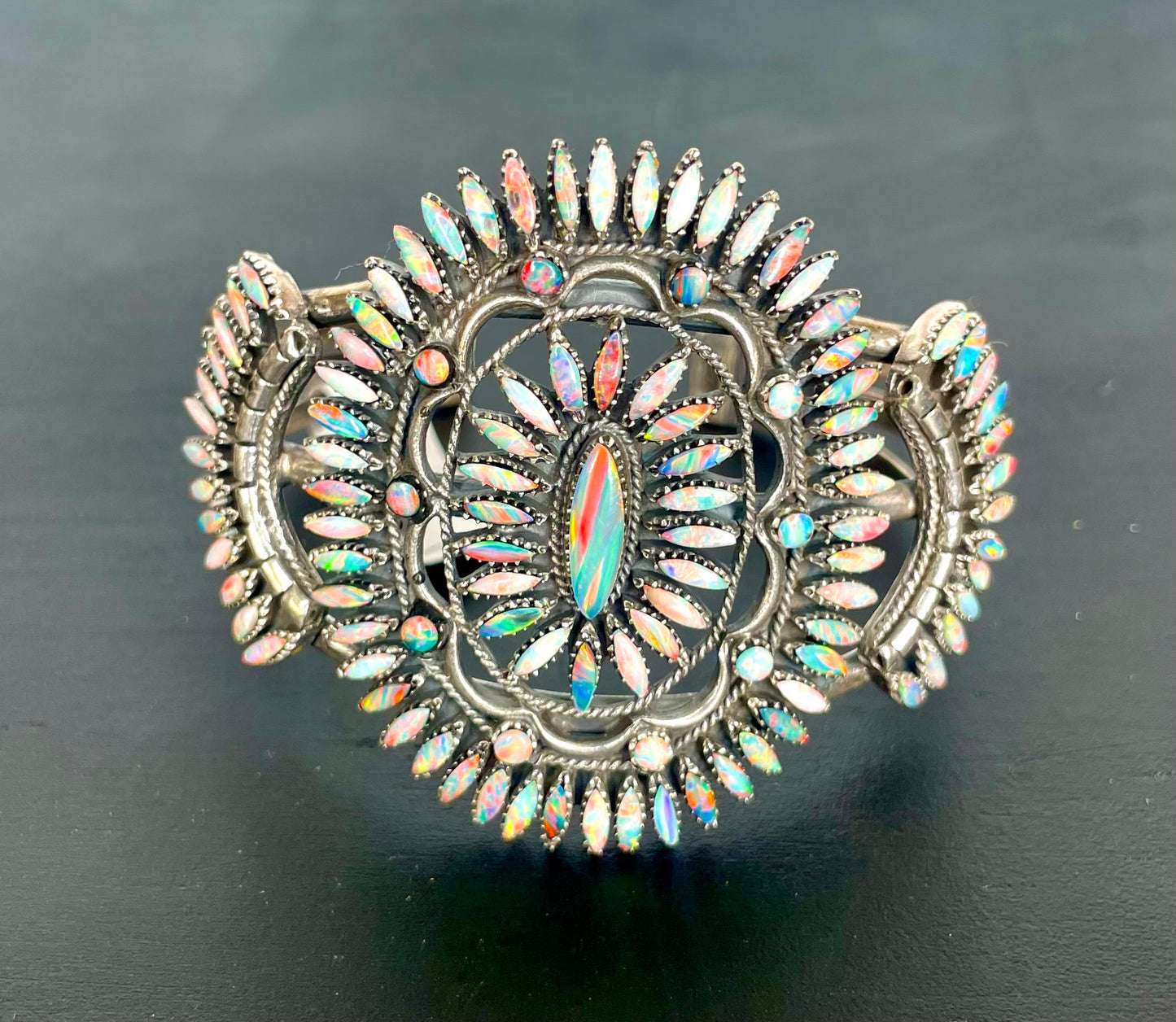 Vintage Sterling Silver & Fire Opal Cluster Cuff Bracelet