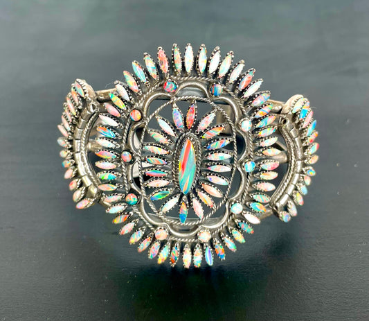 Vintage Sterling Silver & Fire Opal Cluster Cuff Bracelet
