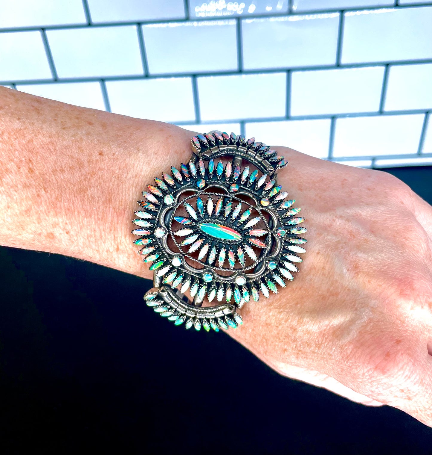 Vintage Sterling Silver & Fire Opal Cluster Cuff Bracelet